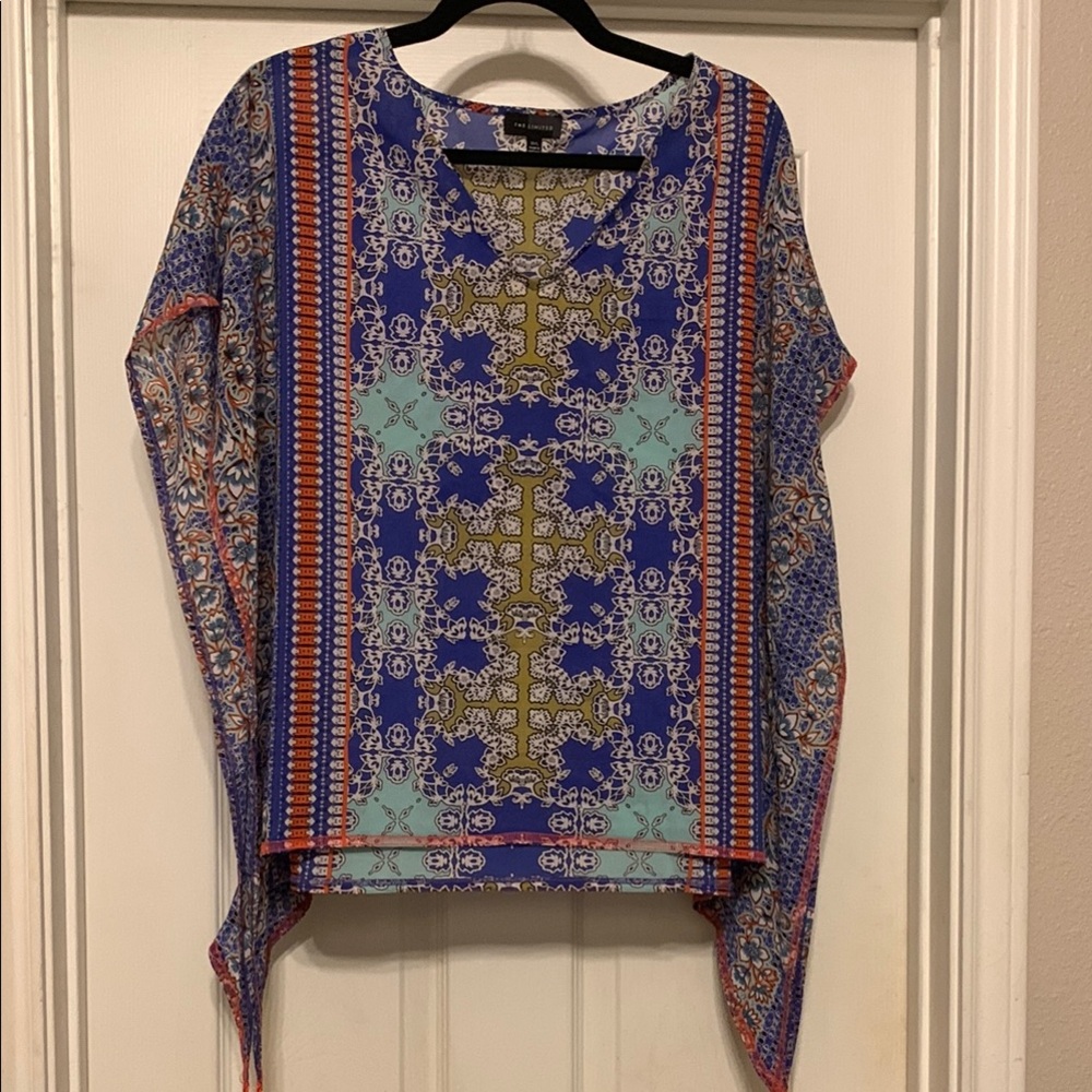 The Limited Blue and Tan Asymmetrical Dolman Sleeve Blouse